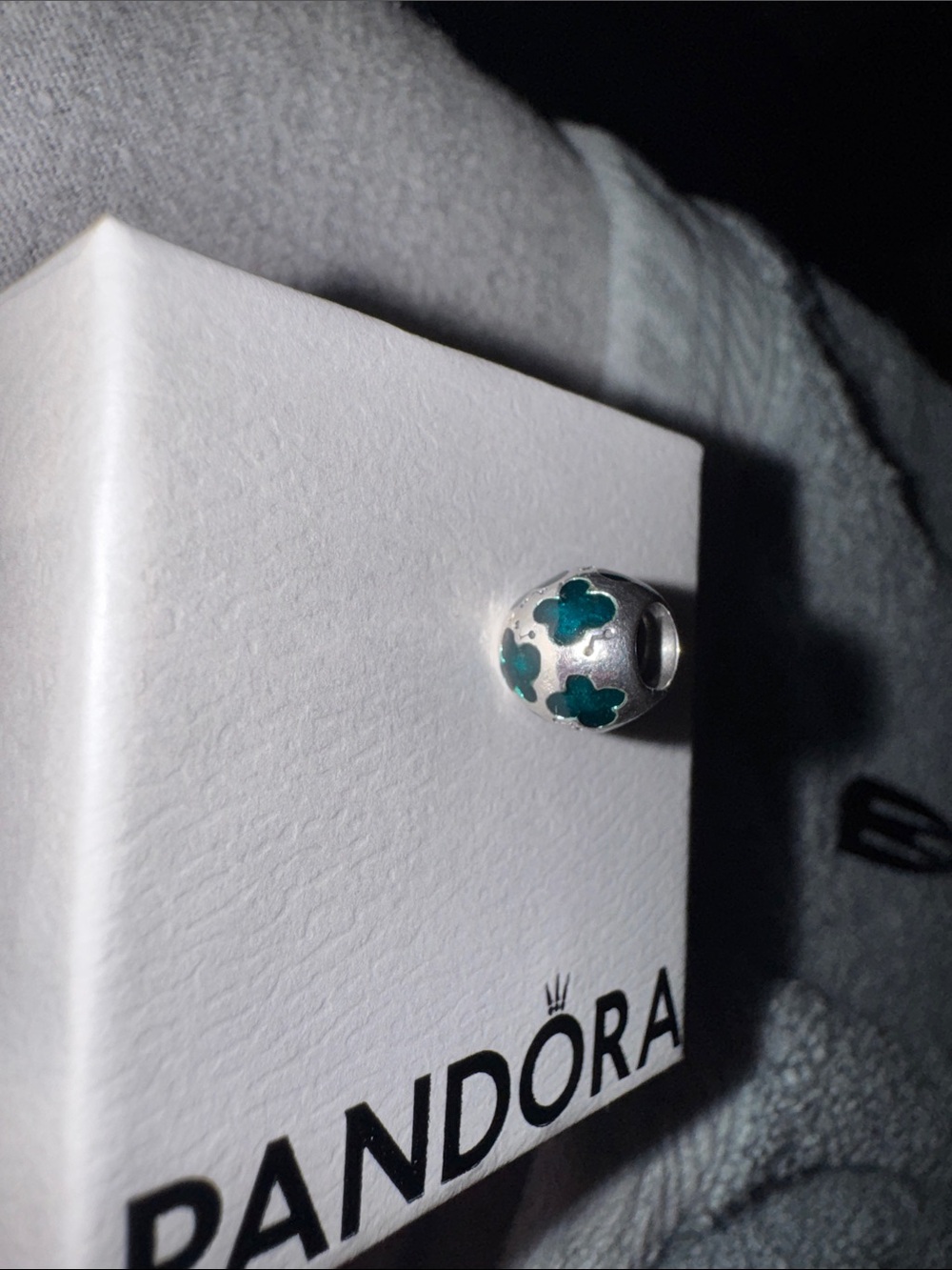 Pandora Retired Silver Bead Charm with Teal/Dark Greenish Clover Accents